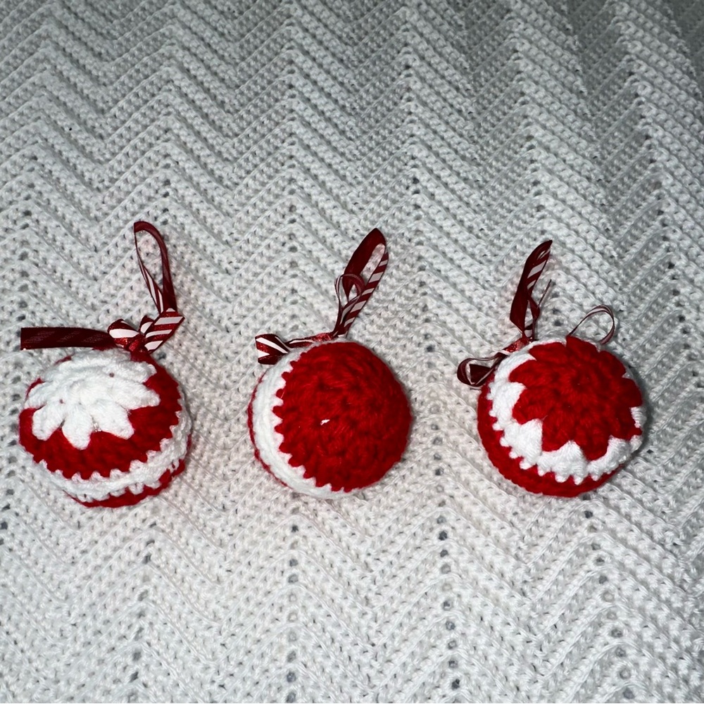 Three red and white hand crocheted Christmas ornaments- new